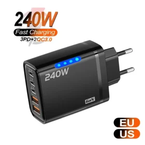 Carregador GaN USB-C e USB de 240W 5 em 1 para iPhone/Samsung/Xiaomi