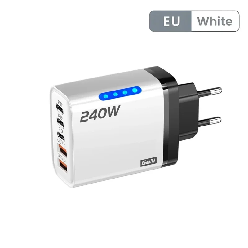 Carregador GaN USB-C e USB de 240W 5 em 1 para iPhone/Samsung/Xiaomi