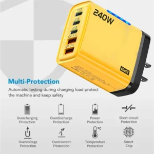 Carregador GaN USB-C e USB de 240W 5 em 1 para iPhone/Samsung/Xiaomi